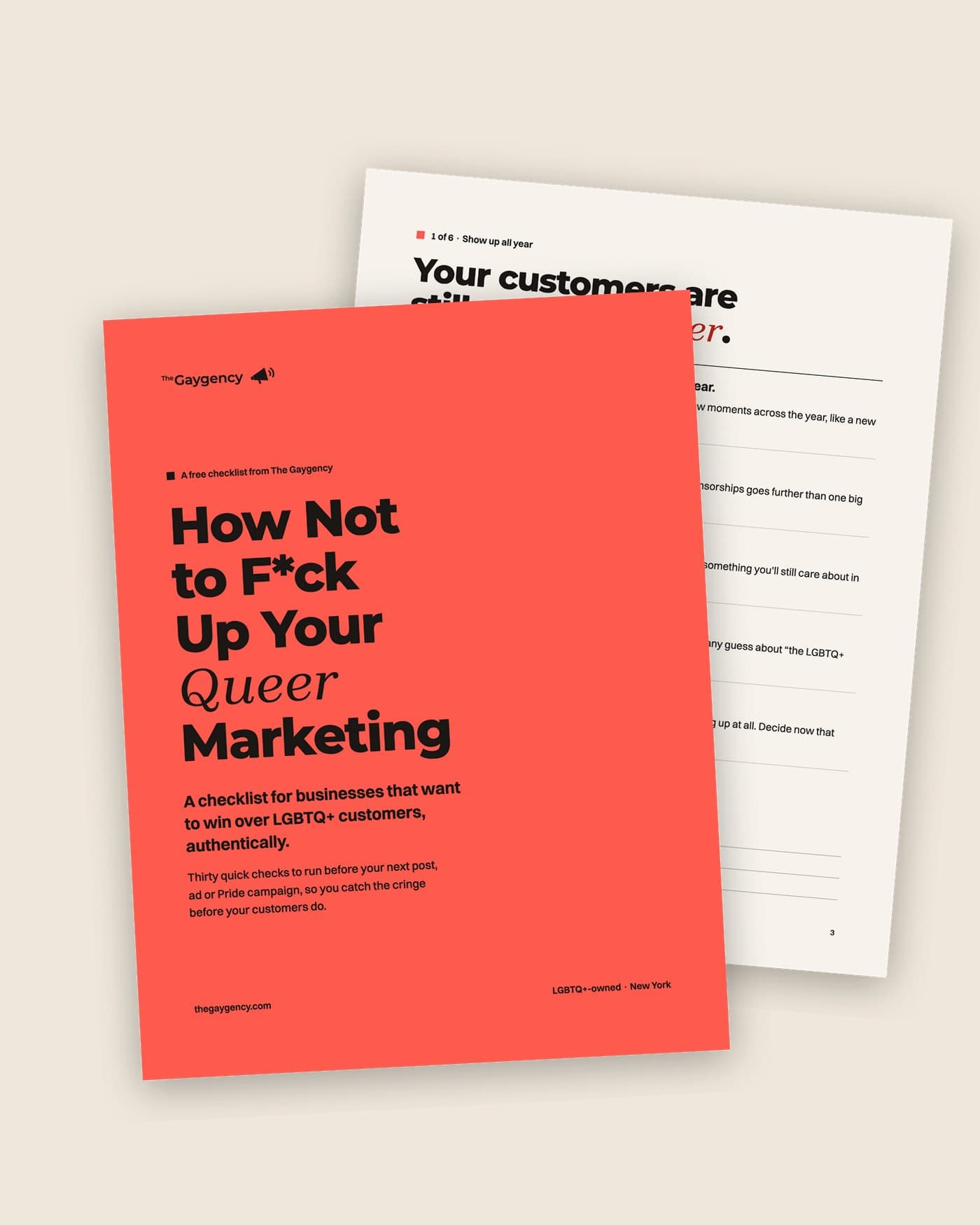The cover and a page of How Not to F*ck Up Your Queer Marketing, a free checklist from The Gaygency