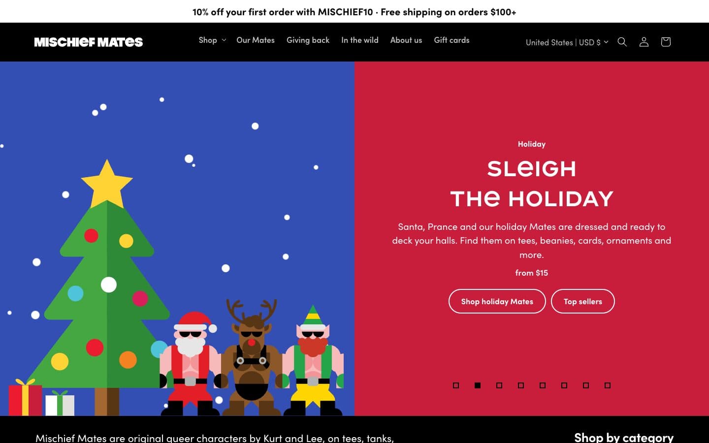 The new Mischief Mates homepage: Kurt and Lee's holiday Mates around a tree, with shop buttons