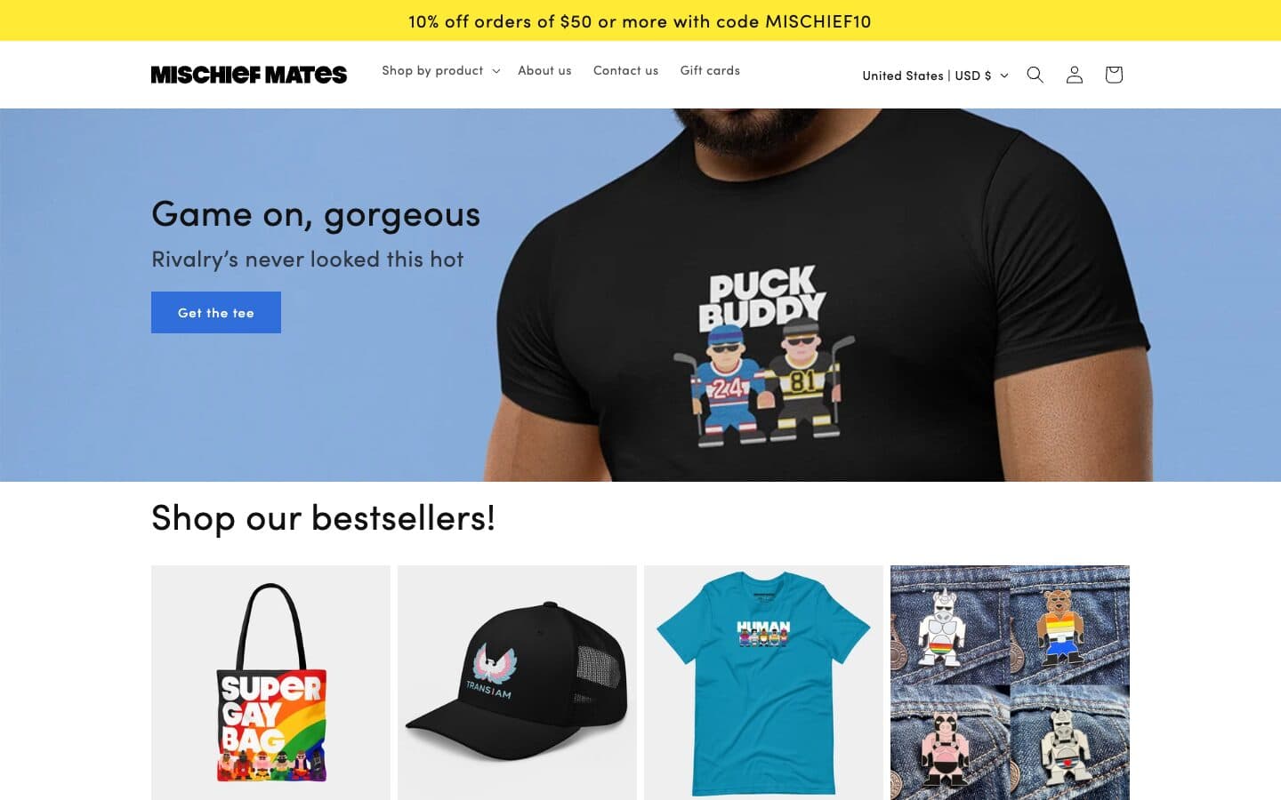 The old Mischief Mates homepage: a stock Shopify layout with one tee on a blue banner