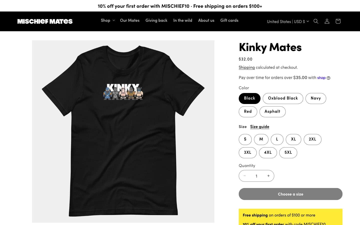The new product page, with color and size buttons, a size guide link and a Choose a size button