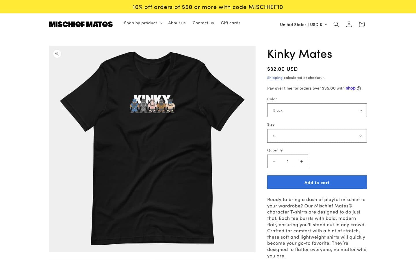 The old product page, with size small picked by default and the size chart buried in the description